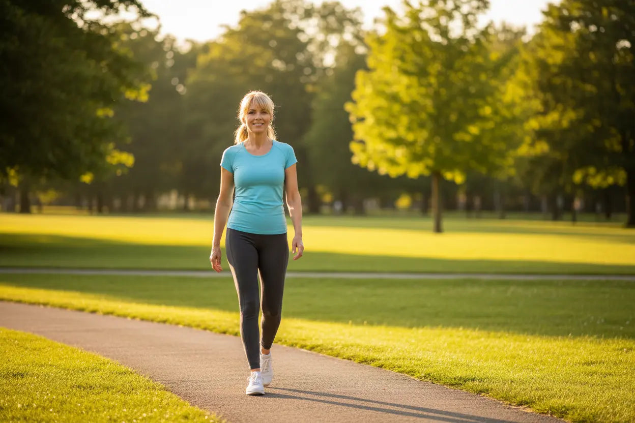Person walking outdoors in natural light — staying active after 40