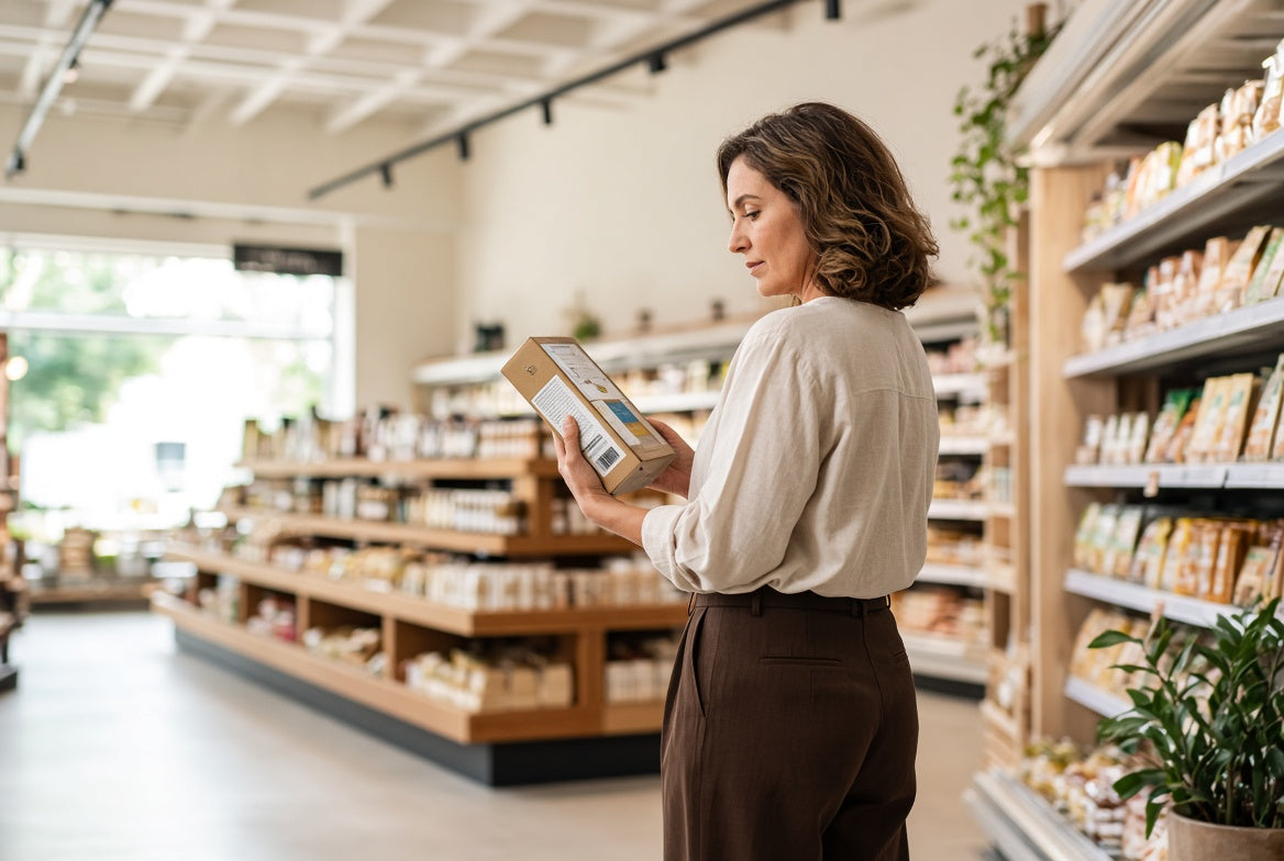 Woman reading a nutrition label in a grocery aisle while choosing food for healthy aging